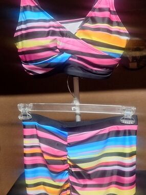 Multi-Colored Neon twist-front crop top and a matching ruched skirted bottom